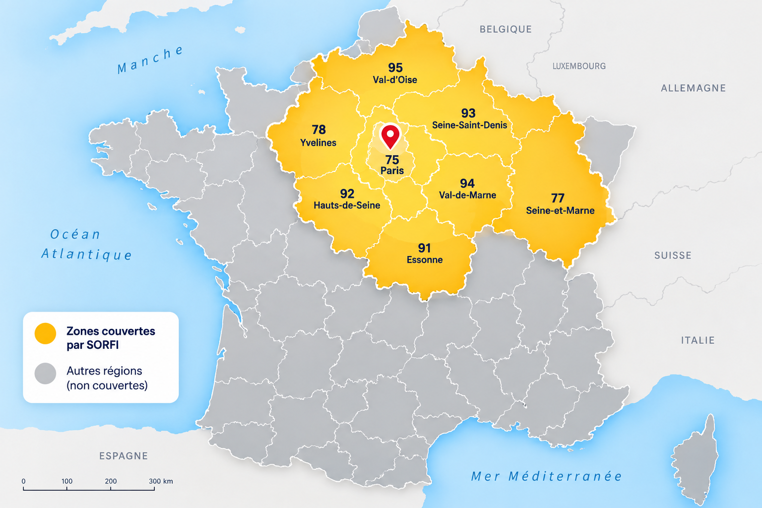 Carte de la zone d'intervention de SORFI en Île-de-France